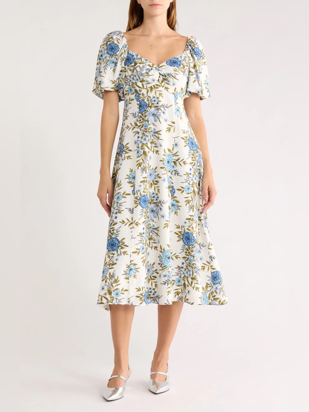 Avec Les Filles Blue Floral Linen Blend Puff Sleeve Midi Dress NWT 6 Feminine